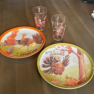 Pottery Barn Kids set of two Thanksgiving plates and matching cups